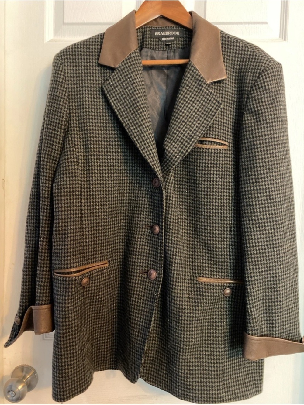 Vintage Women’s Wool Plaid Blazer with Leather Trim, Size 11/12. Ukraine Made